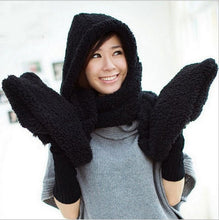 Load image into Gallery viewer, Women 3 In 1 Girls Winter Warm Fleece Hood Scarf Snood Pocket Hats Gloves