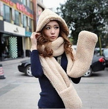 Load image into Gallery viewer, Women 3 In 1 Girls Winter Warm Fleece Hood Scarf Snood Pocket Hats Gloves