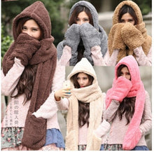 Load image into Gallery viewer, Women 3 In 1 Girls Winter Warm Fleece Hood Scarf Snood Pocket Hats Gloves
