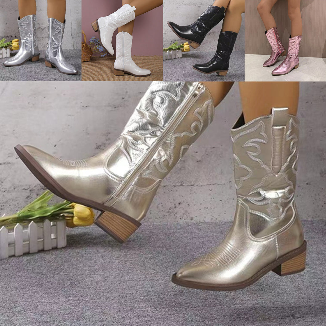 Women's Side Zipper Silver Pointed Retro Boots