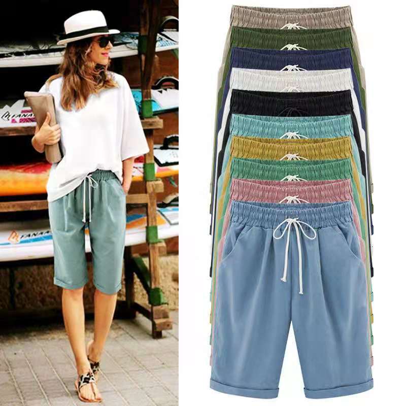 Women Summer Shorts Lace Up Elastic Waistband Loose Thin Casual Pants