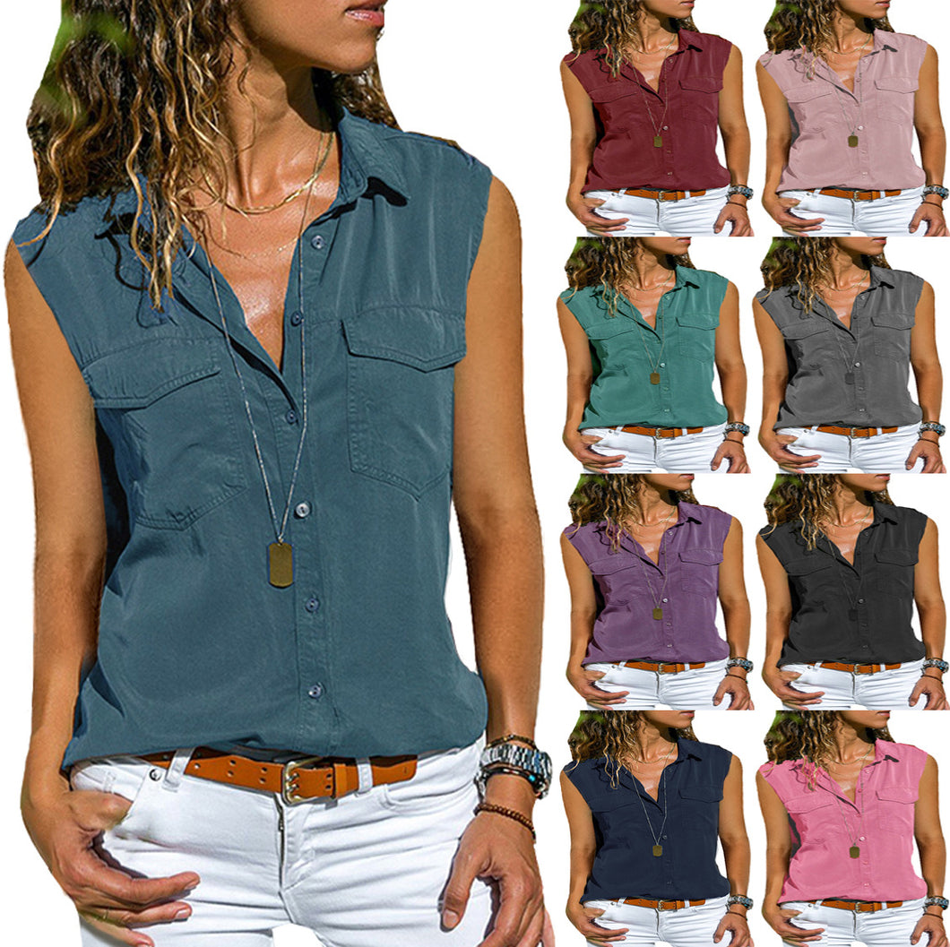Women Summer Sleeveless V-neck Tops Pure Color T-shirt