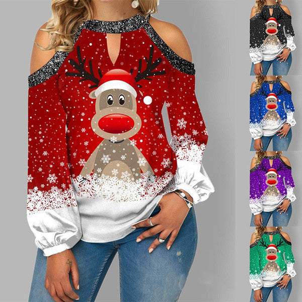 Women's Christmas Deer Printed Strapless Long Sleeve Casual Top Thin Bottoming Shirt