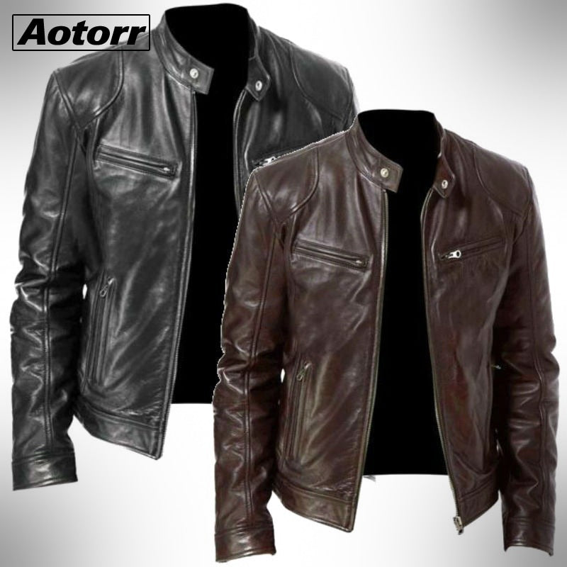 Mens Fashion PU Leather Slim Fit Stand Collar  Jacket