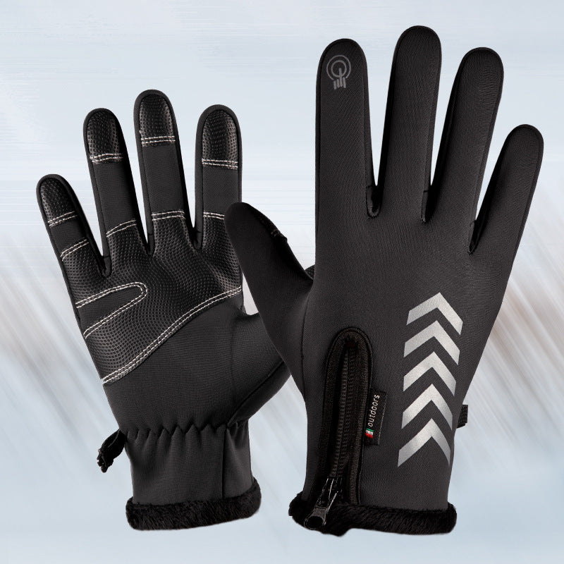 Outdoor winter skiing fleece zipper waterproof non-slip reflective touch screen gloves