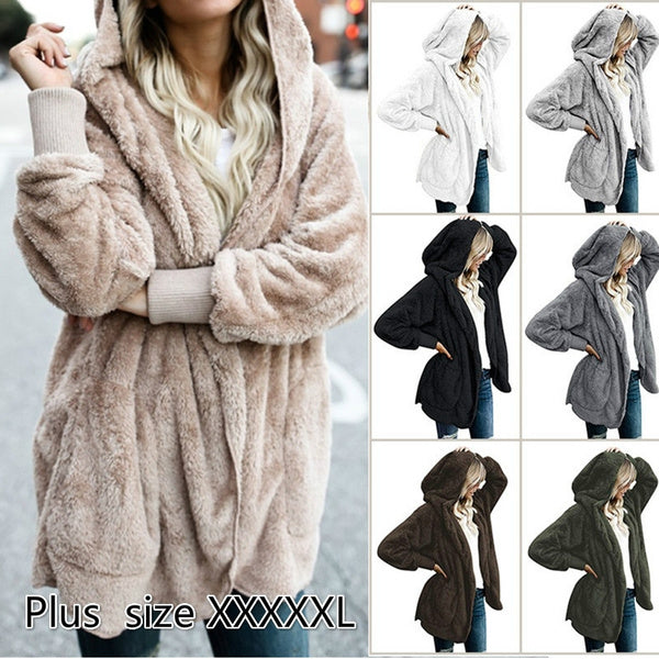 Lady Long Sleeve Cardigan Plush Hooded Coats
