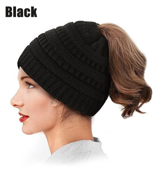 Women Knit Cap Winter Crochet Stretch Knitted Ponytail Beanie Holey Warm Caps
