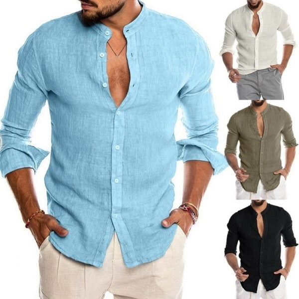 Men's Cotton Linen Shirt Loose Tops Long Sleeve Tee Casual Shirt