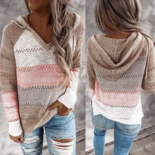 Load image into Gallery viewer, Women&#39;s Fashion V-Neck Long Sleeve Knit Sweater Drawstring Hooded Pullover

