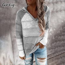 Load image into Gallery viewer, Women&#39;s Fashion V-Neck Long Sleeve Knit Sweater Drawstring Hooded Pullover
