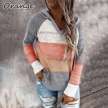 Load image into Gallery viewer, Women&#39;s Fashion V-Neck Long Sleeve Knit Sweater Drawstring Hooded Pullover
