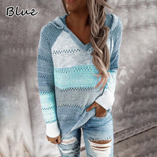Load image into Gallery viewer, Women&#39;s Fashion V-Neck Long Sleeve Knit Sweater Drawstring Hooded Pullover
