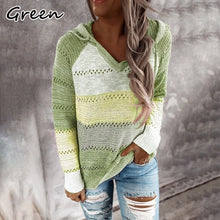 Load image into Gallery viewer, Women&#39;s Fashion V-Neck Long Sleeve Knit Sweater Drawstring Hooded Pullover
