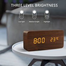 Load image into Gallery viewer, Alarm Clock LED Wooden Watch Table Voice Control
