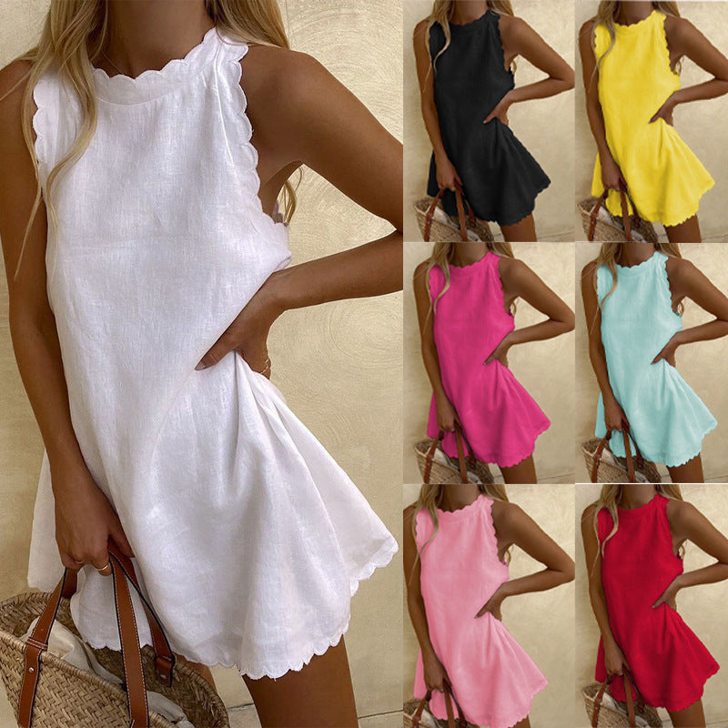 Women Fashion O-Neck Sleeveless Casual Loose Mini Dresses