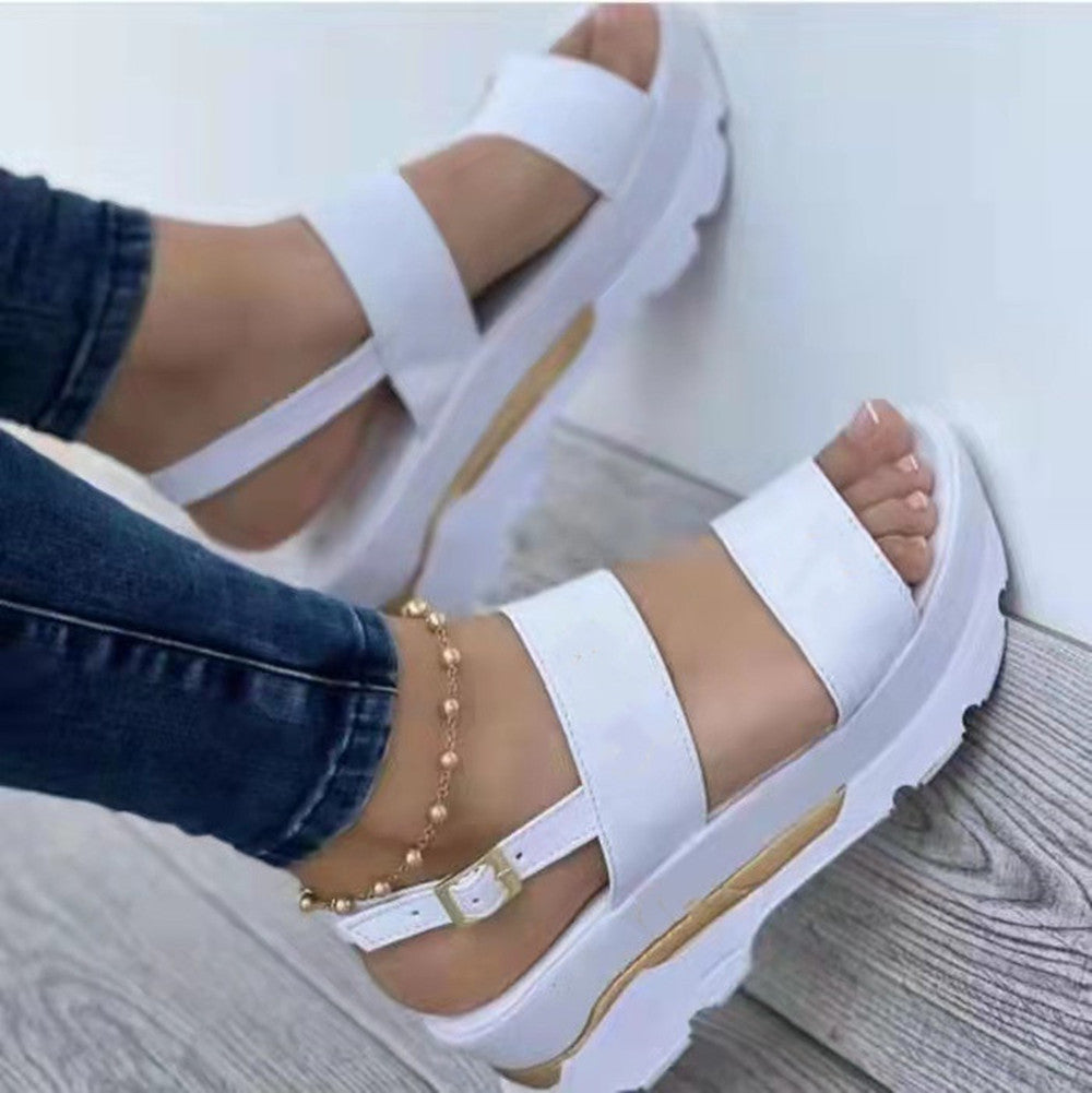 Summer Casual Wedge Design Shoes Buckle Strap Chunky Sandalias Lady Beach Footwear