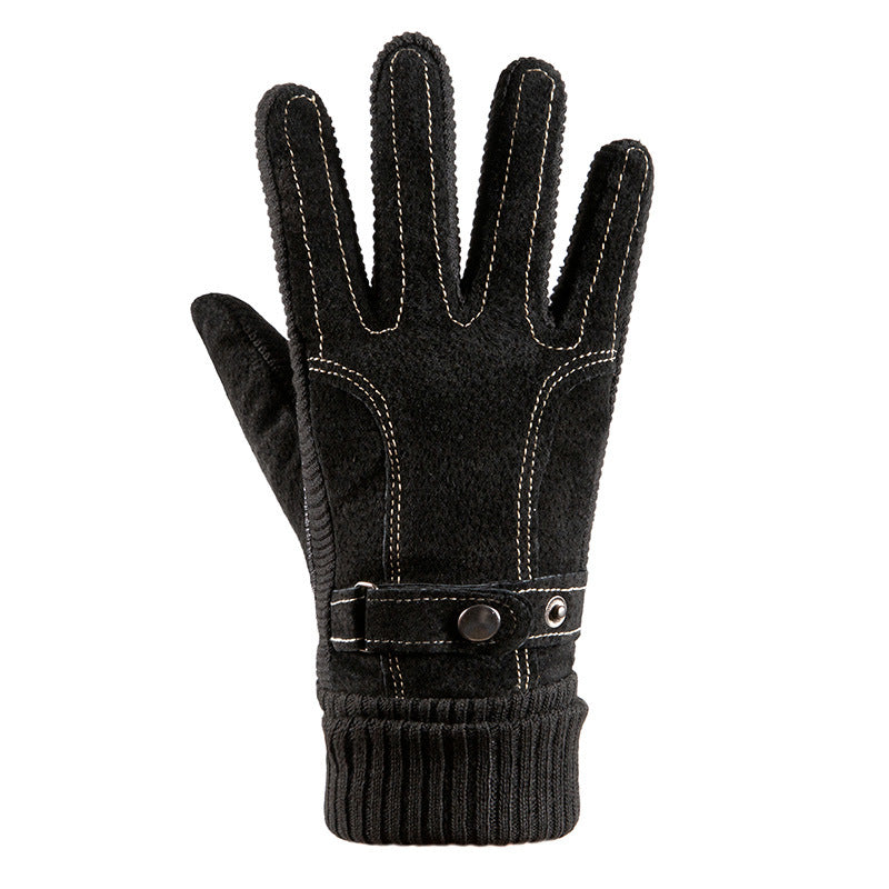 Unisex Pigskin Ribbed Cold Resistant Velvet All Finger Touch Screen Gloves