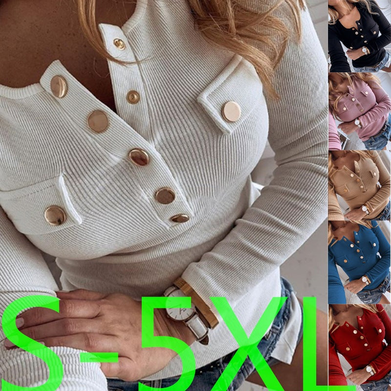 Women's Long Sleeve Buttons Crew Neck Tops