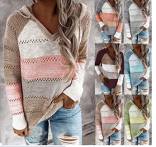 Load image into Gallery viewer, Women&#39;s Fashion V-Neck Long Sleeve Knit Sweater Drawstring Hooded Pullover

