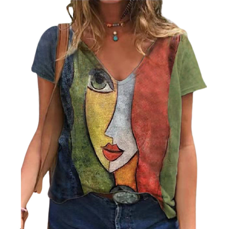 V Neck Tshirt Women's Summer Casual Oversize Print Shirt Tops