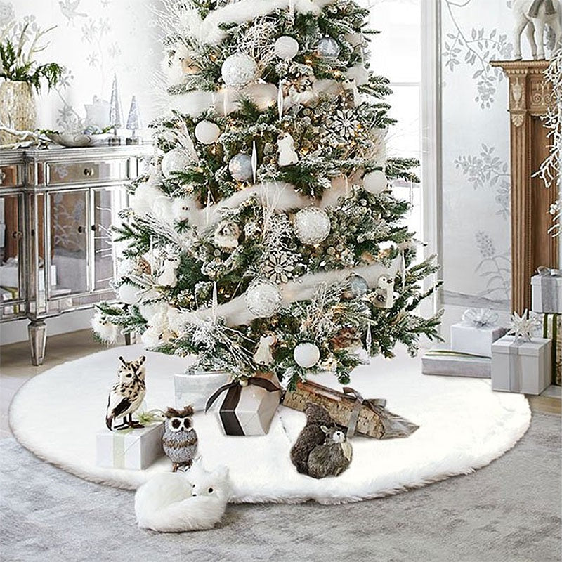 White Christmas Tree Skirt Plush Faux Fur Xmas Tree Carpet