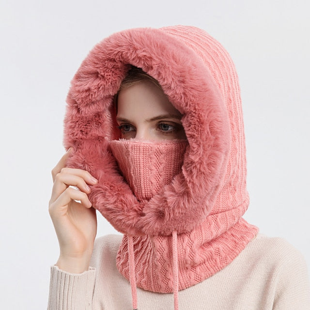 Winter Fur Cap Mask Set Hooded for Women