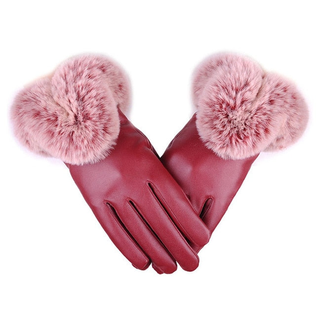 Women Winter Gloves Faux Rabbit PU Leather Touch Screen Mittens